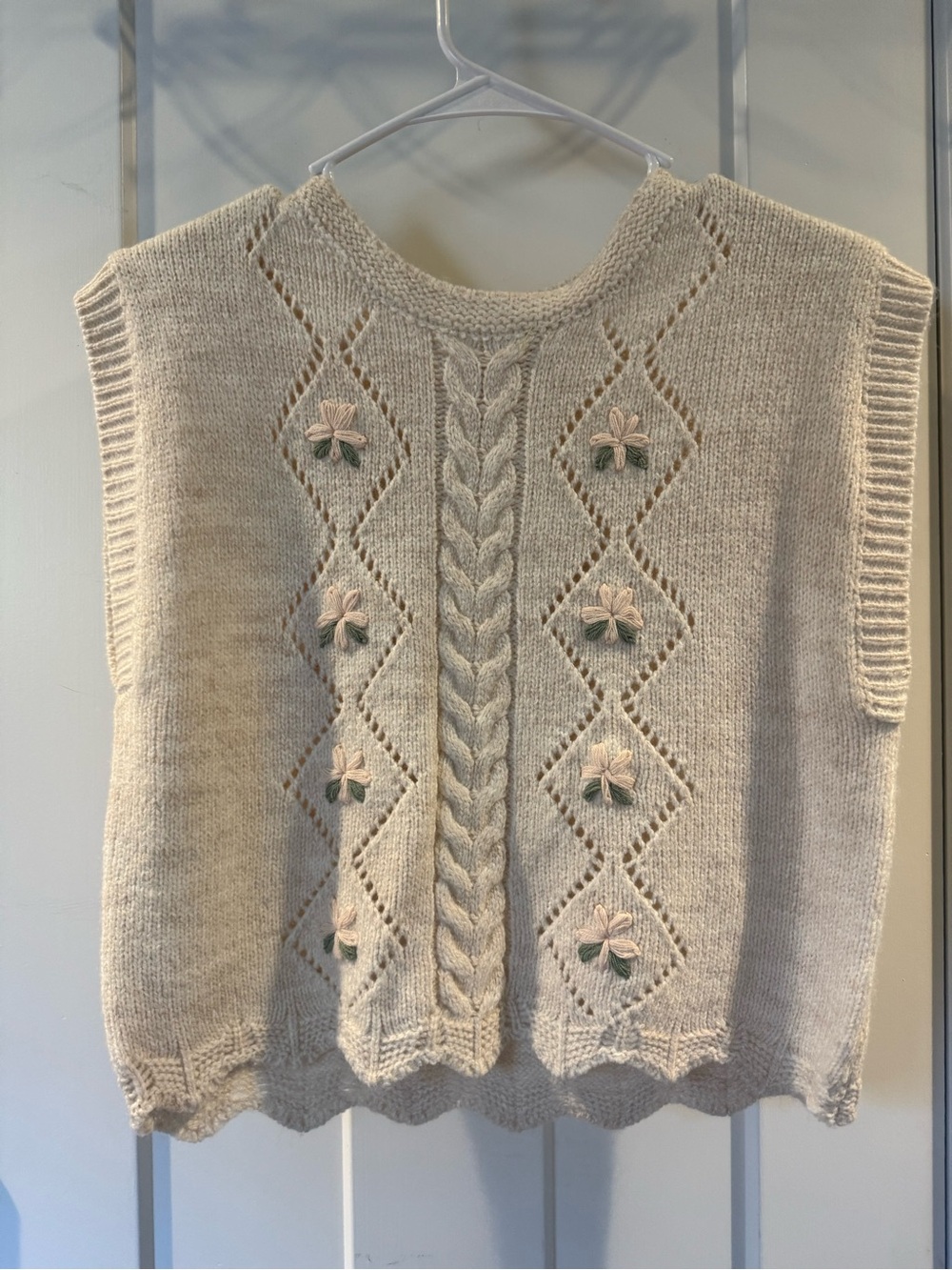 Sincerly Jules Cream Knit Sleeveless V-Neck Sweater Vest with Floral Embroidery